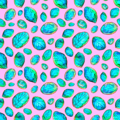Seamless pattern of bright abstract watercolor leaves on pink background. Hand-painted.
