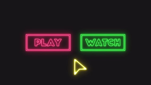 Two videogame buttons, Play and Watch, with a shiny cursor choosing between the two. Final decision: let's go playing. Flickering neon vaporwave style.