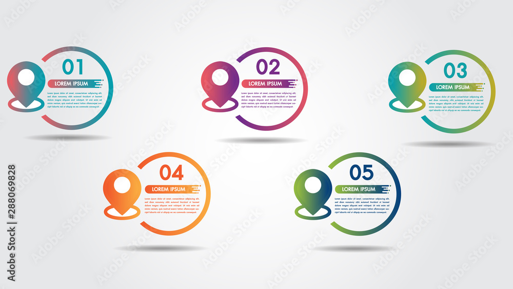 Aufkleber infographic step 5 process flow pointer road design template with colorful pin pointer and 5 numbers