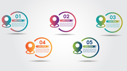 Infographic step 5 process flow pointer road design template with colorful pin pointer and 5 numbers options. Can be used for process presentations, workflow layout, diagram, banner.