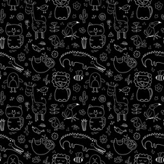 Cute Animals Seamless Pattern, Cartoon Hand Drawn Animal Doodles Vector Illustration