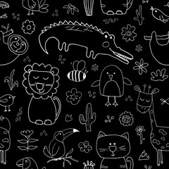 Cute Animals Seamless Pattern, Cartoon Hand Drawn Animal Doodles Vector Illustration