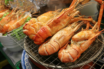 Fresh prawn shrimp BBQ grill at street side food stall