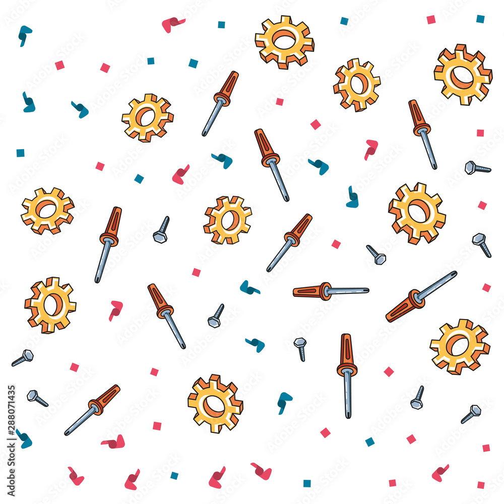 Wall mural pattern of gears with screwdrivers and screws