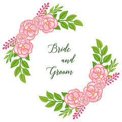 Design element of pink rose flower frame, for lettering of bride and groom. Vector