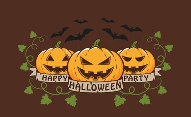 Color illustration of a pumpkin banner with text and bats. Vector illustration on the theme of the celebration of Halloween