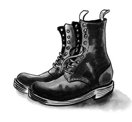 Military boots. Ink black and white drawing