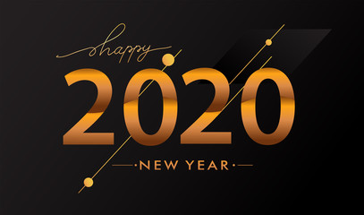 Happy New Year 2020 with glitter isolated on black background, text design gold colored, vector elements for calendar and greeting card.