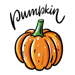 Vibrant vector illustration of a pumpkin outlined in black, accompanied by the word 