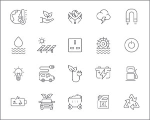 Set of energy and solar power Icons line style. Included the icons as solar paanels,  green energy, oil, ecology, power socket And Other Elements. customize color, stroke width control , easy resize.