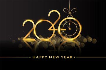 Fototapeta na wymiar Happy New Year 2020 - New Year Shining background with gold clock and glitter, elegant design.