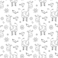 Cute Giraffe Seamless Pattern, Cartoon Hand Drawn Animal Doodles Vector Illustration