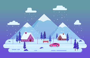 Fototapeta premium Winter Scene Snow Landscape with Pine Trees Mountain Simple Illustration