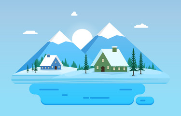 Naklejka premium Winter Scene Snow Landscape with Pine Trees Mountain Simple Illustration