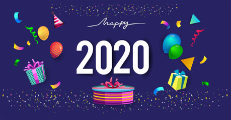 Happy new year 2020 typography vector design for greeting cards and poster with balloon, confetti, design