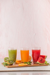Assortment of fruit and vegetables juice in glass. Fresh organic ingredients, health or detox diet food concept