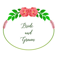 Element for design card bride and groom, various shape circle frame with green leaves and rose floral. Vector