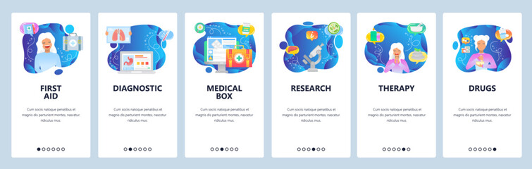 Mobile app onboarding screens. First aid kit, diagnostic, medical research, prescription drugs, therapy, female patient. Vector banner template for website mobile development. Web site illustration