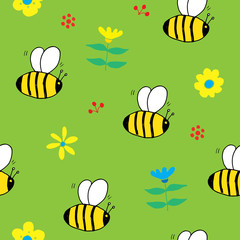 Cute Bee Seamless Pattern, Cartoon Hand Drawn honeybee Doodles Vector Illustration