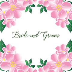 Design elegant card bride and groom, vintage frame with cute pink flower. Vector