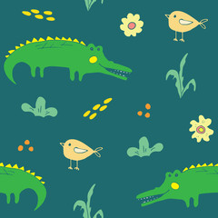 Cute Crocodile or Alligator with little bird Seamless Pattern, Cartoon Hand Drawn Animal Doodles Vector Illustration background