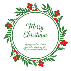 Greeting card merry christmas, with bright green leaves and red wreath frame. Vector