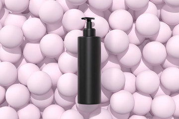 Lotion Mockup. Top View of Black Matte Plastic Bottle with Pump on Pink Background. Spa and Beauty Concept. Realistic 3D Illustration. Blank Template. Flat Lay.