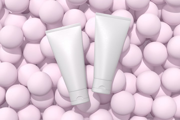 Natural Organic Cosmetic Face Cream Mockup. Top View of Two White Matte Plastic Cosmetic Tubes on Pink Background. Spa and Beauty Concept. Realistic 3D Illustration. Blank Template. Flat Lay.