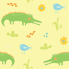 Cute Crocodile or Alligator with little bird Seamless Pattern, Cartoon Hand Drawn Animal Doodles Vector Illustration background