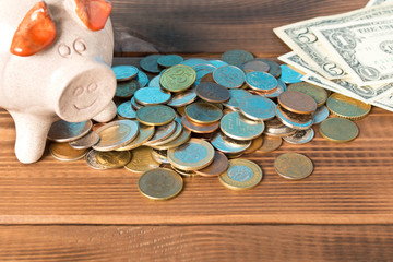 Piggy Bank and a few coins and dollar bills on the wooden table. Close up. The concept of saving money. Selective focus.