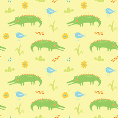 Cute Crocodile or Alligator with little bird Seamless Pattern, Cartoon Hand Drawn Animal Doodles Vector Illustration background