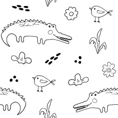 Cute Crocodile or Alligator with little bird Seamless Pattern, Cartoon Hand Drawn Animal Doodles Vector Illustration background