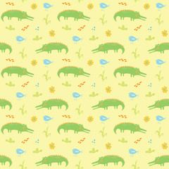 Cute Crocodile or Alligator with little bird Seamless Pattern, Cartoon Hand Drawn Animal Doodles Vector Illustration background