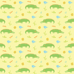 Cute Crocodile or Alligator with little bird Seamless Pattern, Cartoon Hand Drawn Animal Doodles Vector Illustration background