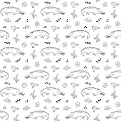 Cute Crocodile or Alligator with little bird Seamless Pattern, Cartoon Hand Drawn Animal Doodles Vector Illustration background