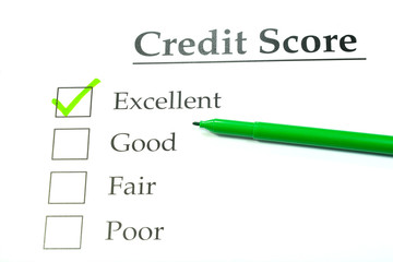 Credit score with excellent rating check marked in green ink