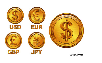 famous world currencies in golden coin concept. easy to modify