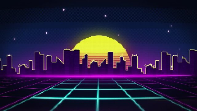 pixel art style road to the city during sunset