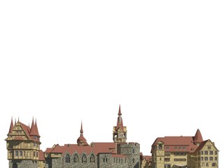 Medieval Cityscape Isolated on White Background 3D Illustration