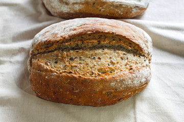 Homemade cake. Fresh grain bread with sourdough.