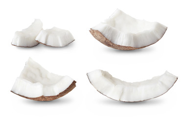 set of coconut pieces isolated on white - obrazy, fototapety, plakaty