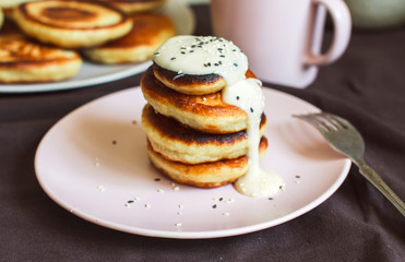Homemade fresh pancakes with condensed milk for Breakfast