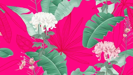 Gordijnen Botanical seamless pattern, Chrysanthemum morifolium flowers and various leaves on vibrant pink © momosama