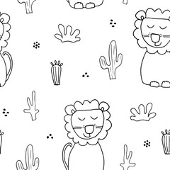 Cute Lion Seamless Pattern, Cartoon Hand Drawn Animal Doodles Vector Illustration Background