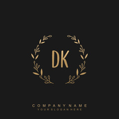 letter DK surrounded by beautiful and elegant flowers and leaves. Wedding monogram logo template.