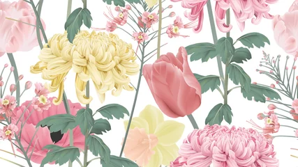 Muurstickers Botanical seamless pattern, various pink and yellow flowers on white, pastel vintage theme © momosama