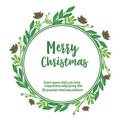 Handwritten text merry christmas, vintage frame with style unique green leafy flower. Vector