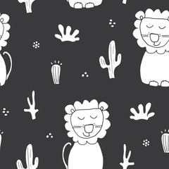 Fototapeta premium Cute Lion Seamless Pattern, Cartoon Hand Drawn Animal Doodles Vector Illustration Background