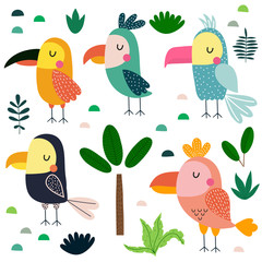 Different parrots, tropical trees and leaves. Childish vector illustration..