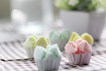 Thai steamed cupcakes.kind of Thai sweetmeat on the Check fabric.